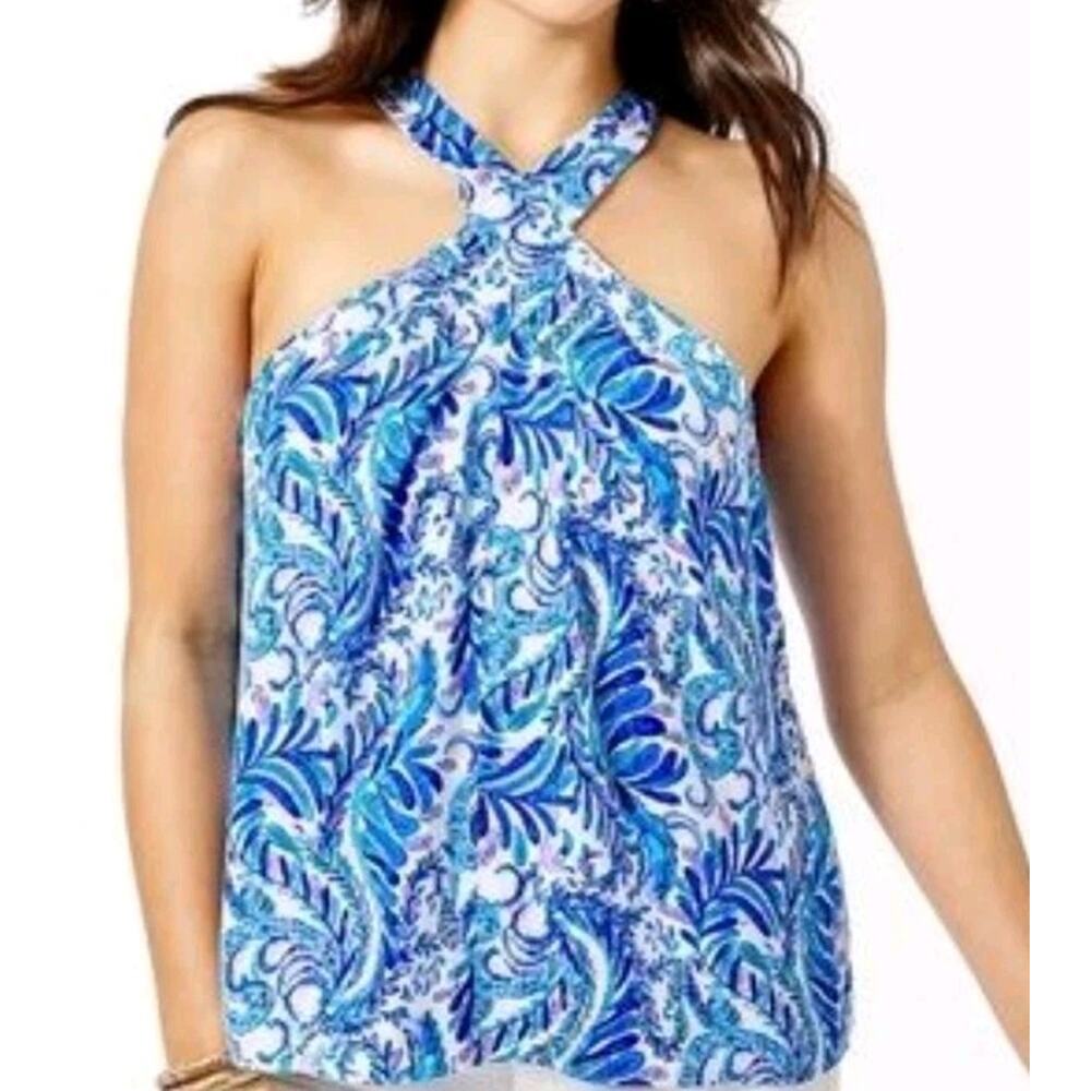 Lilly Pulitzer Small Blue Bird Is The Word Rori Top Twist Pleat Halter Neck